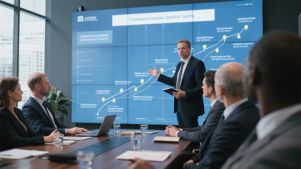 Corporate board members attending a governance workshop led by a legal advisor who is presenting roadmap milestones on a large interactive display.