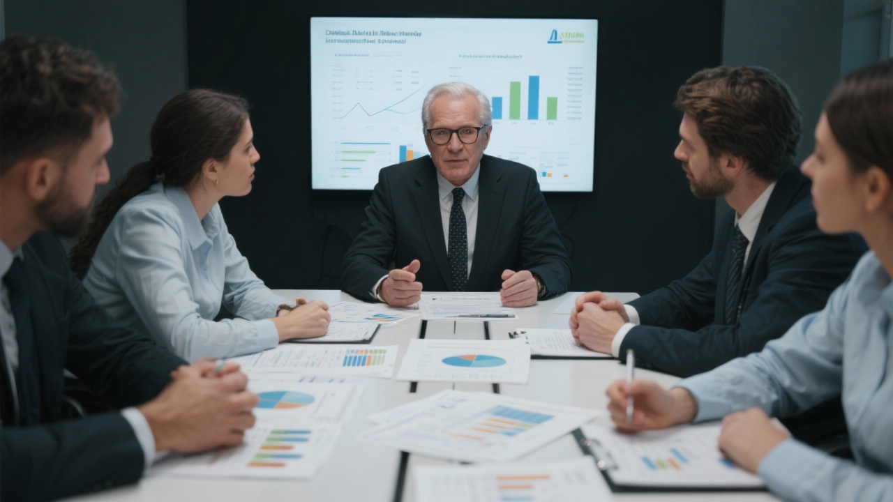 Senior legal advisor discussing dispute strategies with finance and operations executives around a conference table filled with annotated reports and data charts.