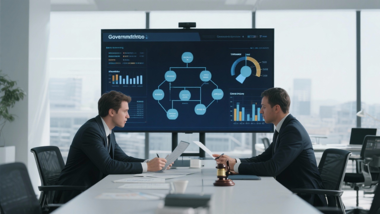 Two legal advisors collaborating in a modern office space while analyzing governance structures on a large screen with data visualizations.