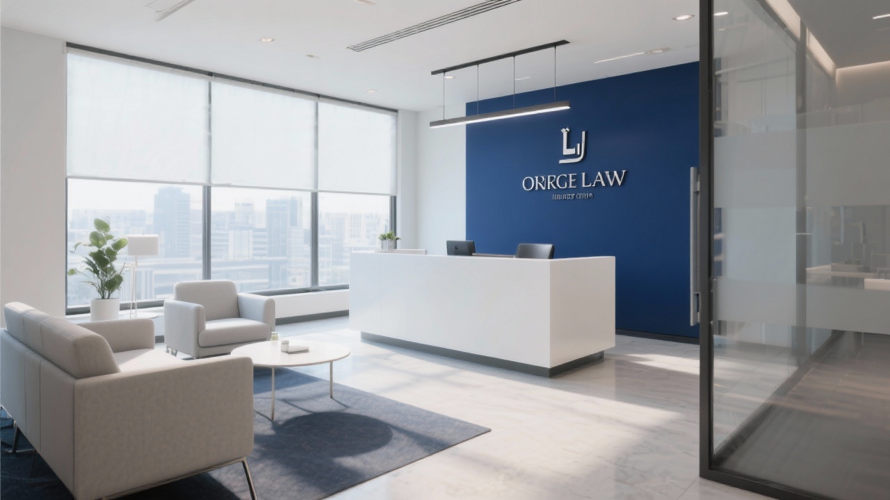 Reception area of a contemporary law office featuring minimalist furniture, natural light and branded signage in deep blue tones.
