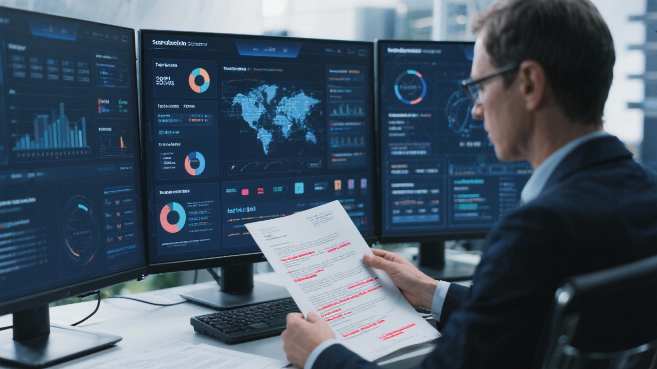 Legal consultant evaluating technology contracts with highlighted risk clauses while using compliance software dashboards displayed on multiple monitors.